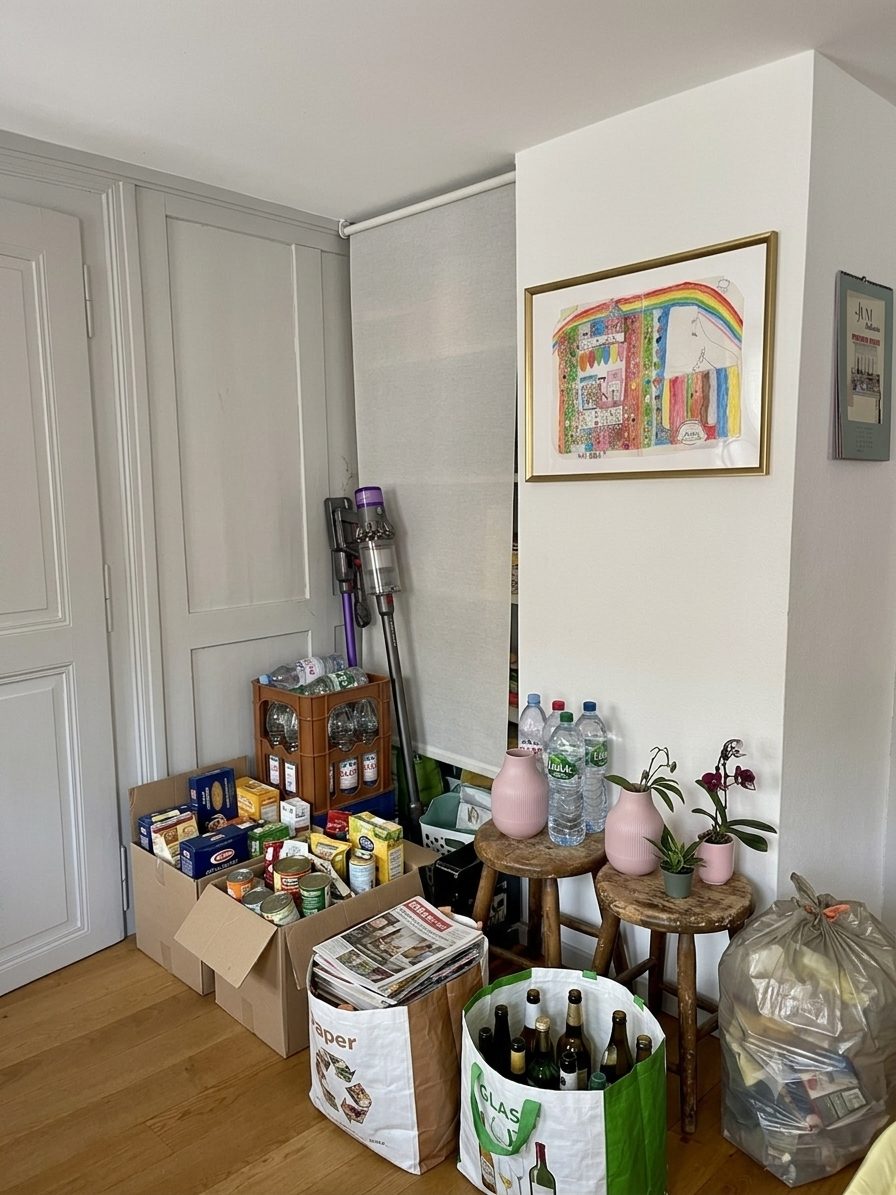 Ecke mit Kartons, Flaschen und Müllsäcken