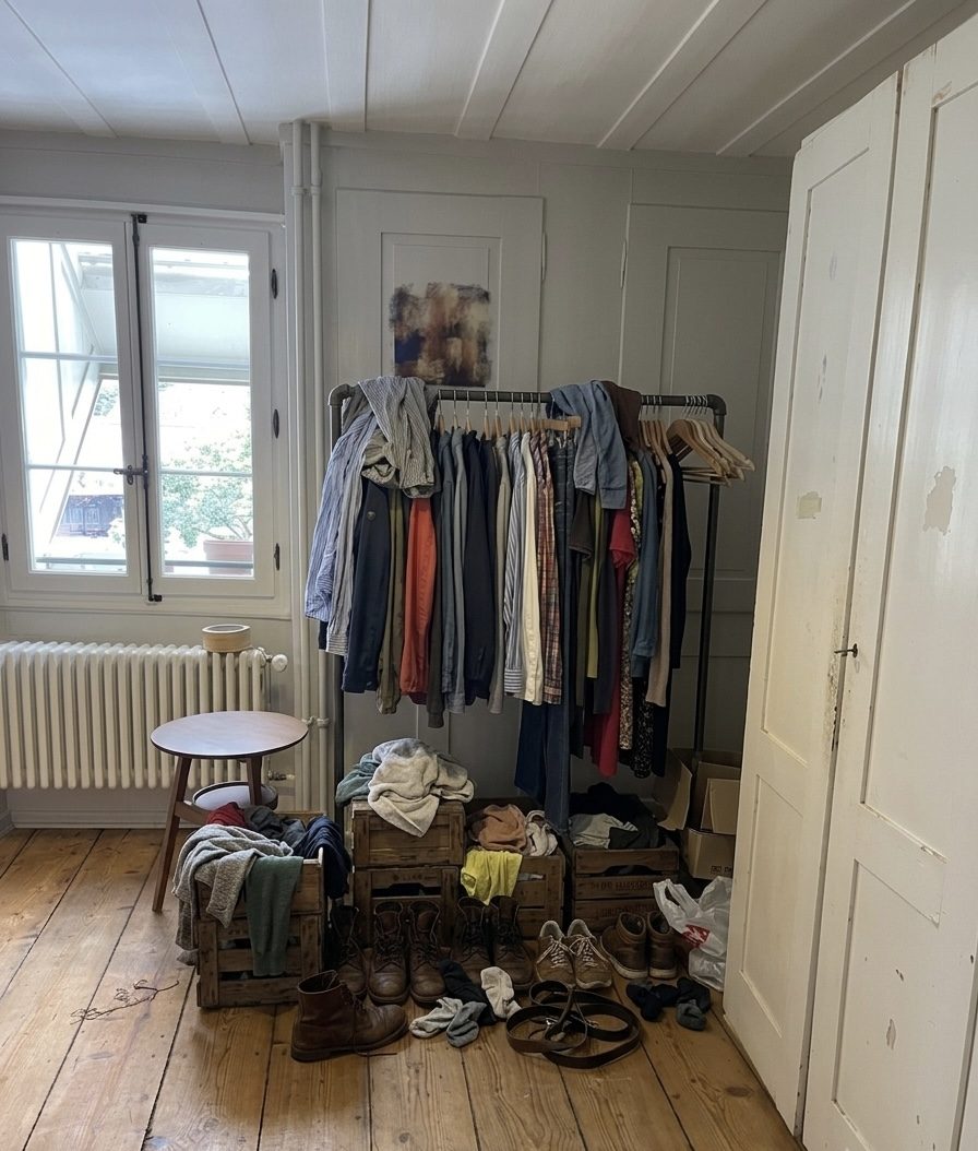 Kleiderständer mit Kisten und Schuhen auf dem Boden im Schlafzimmer